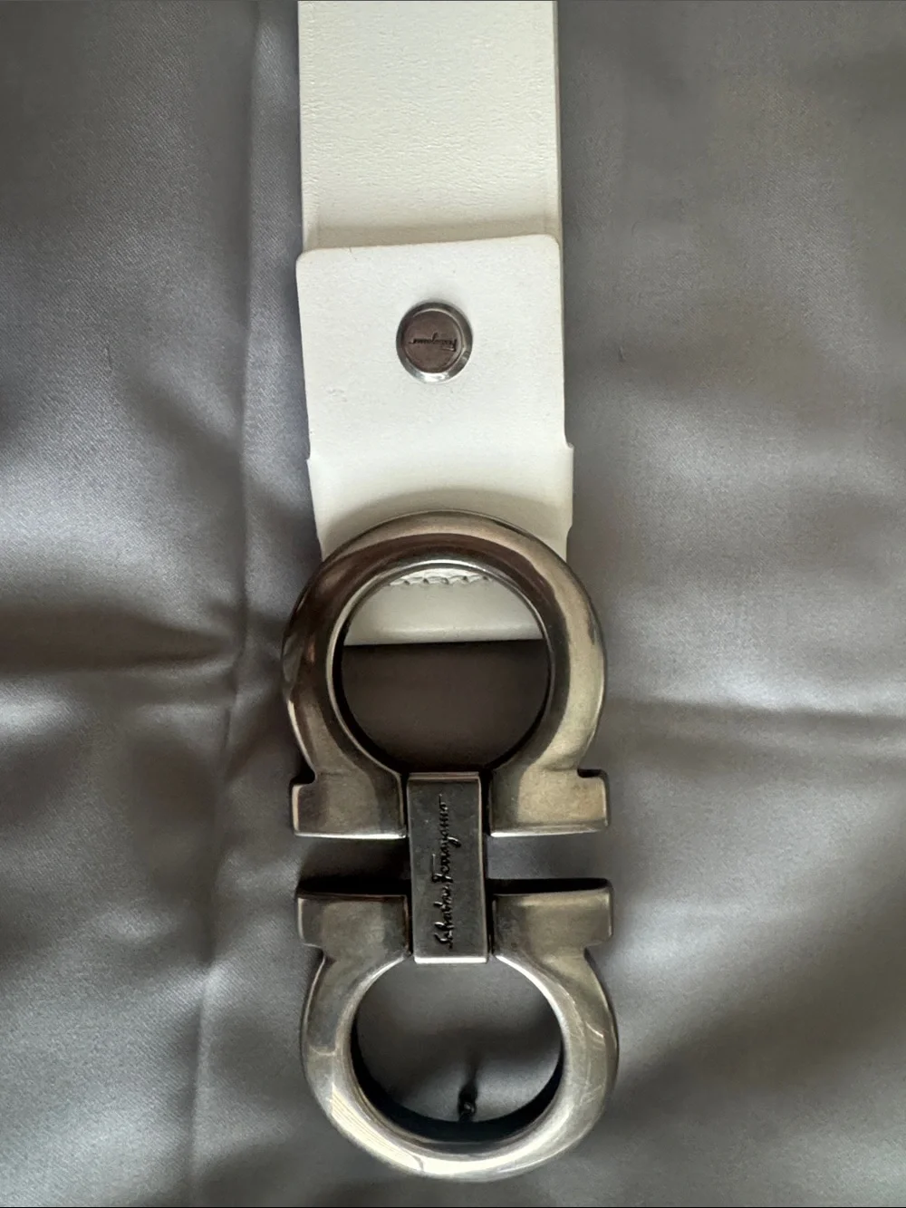 Salvatore Ferragamo White Leather Belt with Gunmetal Double-Gancini Buckle